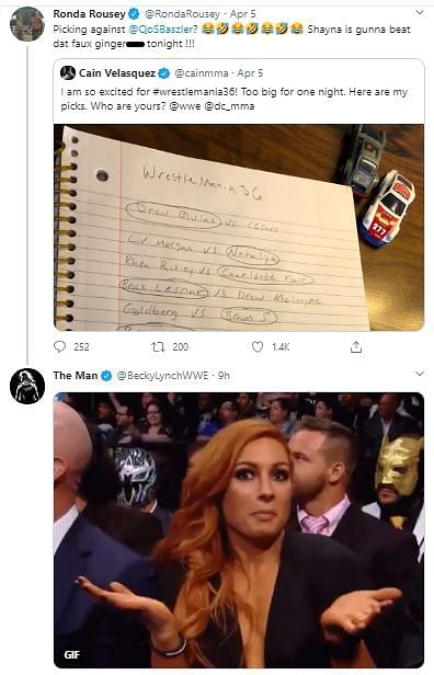 Lynch reacts to Ronda Rousey's prediction of Baszler becoming Women's Champion at WrestleMania 36.